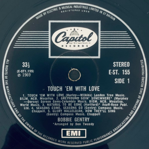 Image of Label Cover of LP - VG+/VG - BOBBIE GENTRY, Touch 'Em With Love (Capitol Black and Silver Label; EST155, UK 1969, Flipback Sleeve, Stereo), Strong VG, - 3126048E