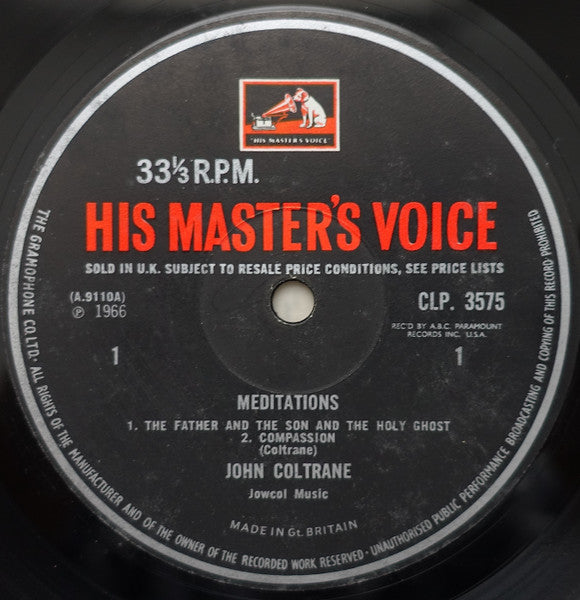 Image of Label Cover of LP - VG/G+ - JOHN COLTRANE, Meditations (HMV; CLP 3575, UK 1966, Flipback Sleeve, Mono), Mark on disc on Side 2 which makes a noise for a few rotations. Crackle and pop elsewhere., - 4426014E