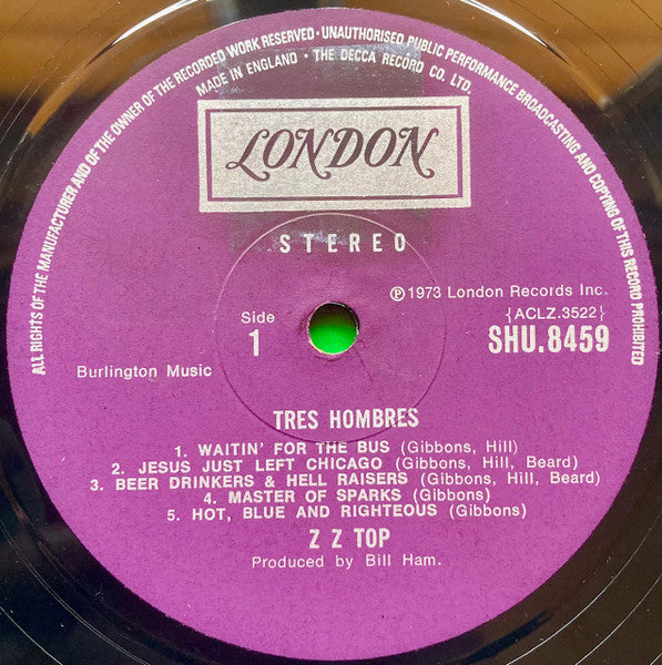 Image of Label Cover of 3145071S: LP - ZZ TOP, Tres Hombres (London Purple; SHU8459, UK 1973) Strong VG. Light ring and edge wear. VG/VG