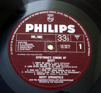 Image of Label Cover of LP - VG/VG+ - DUSTY SPRINGFIELD, Ev'rything's Coming Up (Philips; RBL1002, UK 1965, Gatefold, Booklet, Mono. 632340 Runouts), Light shelf wear, small split to bottom of spine. Mottling inside gatefold, old shop sticker on label., - 2216038C