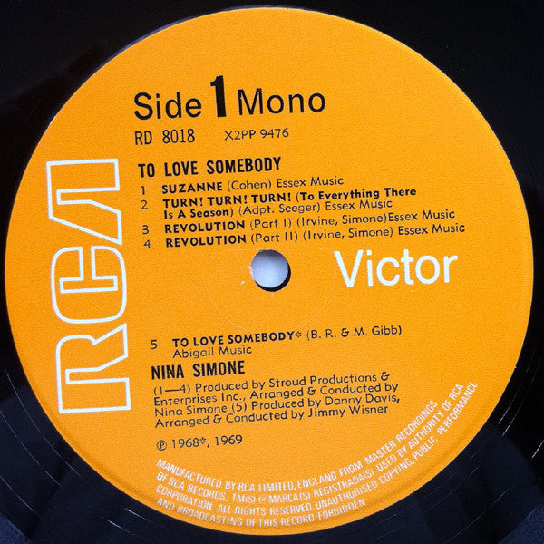 Image of Label Cover of LP - VG/VG - NINA SIMONE, To Love Somebody (RCA; RD8018, UK 1969, Laminated Front Sleeve, Mono), A few creases to sleeve., - 3616202C