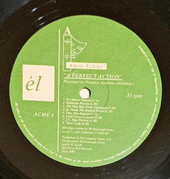 Image of Label Cover of LP - VG+/VG+ - PERSPICO ACUMINE (HOLDINGS), A Perfect Action (El; ACME4, UK 1986, Inner), Paper scuffs. Faint ring and corner wear., aka The Cavaliers. Wonderful 1986 UK Avant-Indie weirdos on the wonderfully weird Cherry Red offshoot. El Records, with a concept album about cricket. Yes. Cricket. - 1046000S