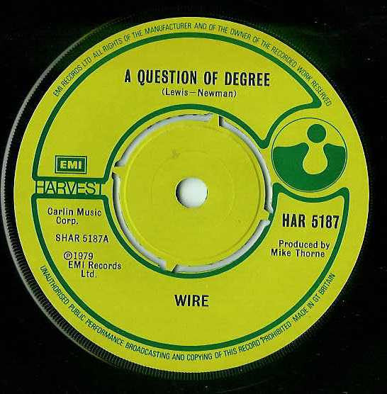 Image of Label Cover of 7" - VG+/EX - WIRE, A Question of Degree / Former Airline (Harvest Green; HAR5187, UK 1979, Picture Sleeve), Sleeve Creased, - 0326221E