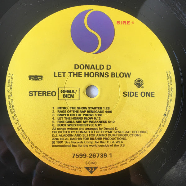 Image of Label Cover of LP - G+/G+ - DONALD D, Let The Horns Blow (Sire; 7599-26739-1, Germany 1991), Sleeve has sticker damage on front, wear and creasing at edges / corners, - 2216361C