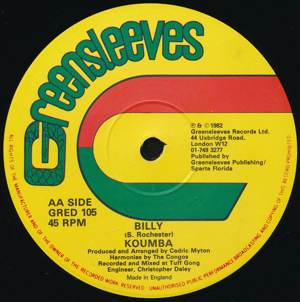 Image of Back Cover of 12" - G+/VG+ - KOUMBA, We A Leggo / Billy (Greensleeves Records ; GRED 105, UK 1982, Company Sleeve), Light wear to company sleeve., - 4246171S