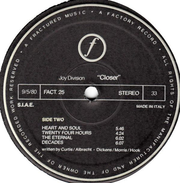 Image of Label Cover of LP - G+/VG - JOY DIVISION, Closer (Factory; FACT XXV, Italy Reissue), Missing the inner sleeve. A few light hairlines. Sleeve has sticker removal tear on front sleeve and some discolouration/staining on rear. , - 2126219E