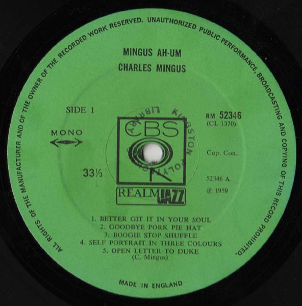 Image of Label Cover of LP - VG/VG - CHARLES MINGUS, Mingus Ah-Um (CBS Realm Jazz; 52346, UK 1969 Reissue, Laminated Front Sleeve, Mono, Back cover does not include boxed "This stereo record..." text, this artwork variant does not seem to be on Discogs), Light scratches, edge & ring wear, sticker remnants, - 4146167S