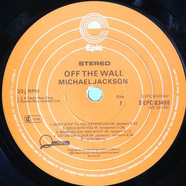Image of Label Cover of LP - G/G - MICHAEL JACKSON, Off the Wall (Epic (Orange Label); S EPC 83468 / FE 35745, UK 1979, Gatefold), Lots of marks on disc. Sleeve worn and creased, with large areas of staining, bottom edge split and damaged, - 3916457C