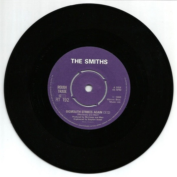 Image of Label Cover of 7" - VG/G - THE SMITHS, Bigmouth Strikes Again (Rough Trade; RT 192, UK 1986, Picture Sleeve, EMI Pressing), Plays better than it looks., - 2816356C