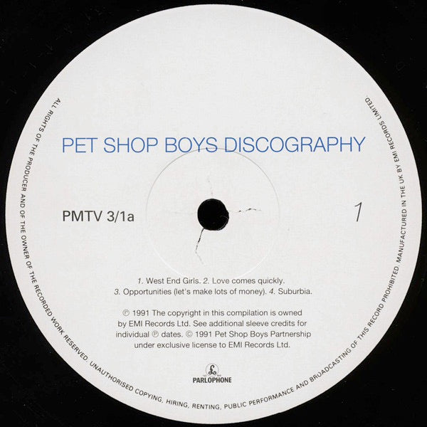 Image of Label Cover of 2xLP - VG/VG - PET SHOP BOYS, Discography (The Complete Singles Collection) (Parlophone; PMTV 3, UK 1991, Hype Stickered Sleeve. PMTV 3 Above Barcode, 2 Inners), Light marks, more so on disc 2 but plays nicely with minor run-in noise. Sleeve is fine with just a little discolouring to the spine., - 4216365C
