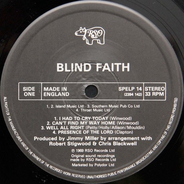 Image of Label Cover of LP - G+/VG - BLIND FAITH, Blind Faith (RSO; SPELP 14, UK 1983 Reissue, Single Sleeve), Ring/edge wear, and sticker damage to front of sleeve., - 3126306E