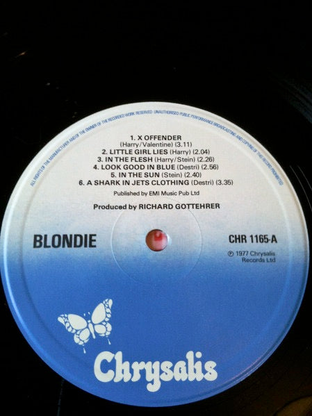 Image of Label Cover of LP - VG/VG+ - BLONDIE, Blondie (Chrysalis Blue/White; CHR 1165, UK 1977 Reissue, No "Tone" In Runouts), Edge Wear, small spine split, sticker remnants, - 3346114S