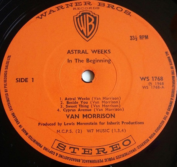 Image of Label Cover of 4745148S: LP - VAN MORRISON, Astral Weeks (WB Orange; WS 1768, UK 1969, Laminated Flipback Sleeve, 1st Press, W7 Music on Labels) Nice intact sleeve with edge wear and some creasing. Name written lightly on back cover. Disc plays through nicely with very quiet surface noise, strong G+. VG/G+