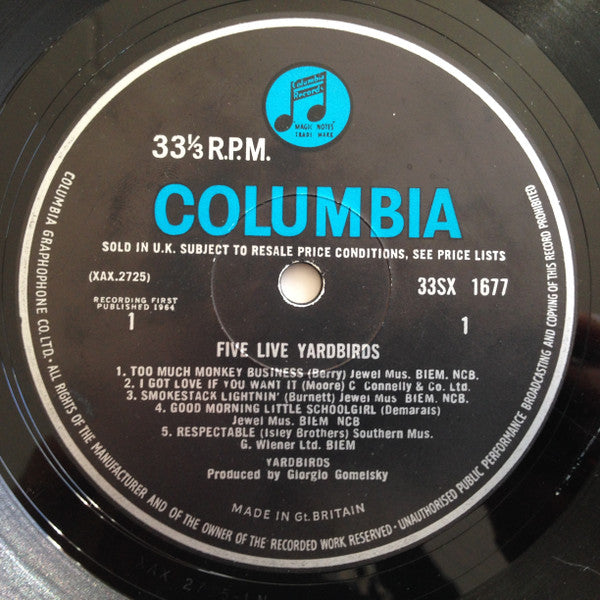 Image of Label Cover of LP - G+/VG+ - YARDBIRDS, Five Live (Columbia Blue/Black; 33SX 1677, UK 1964, Laminated Flipback Sleeve, Mono), Strong G+ cover with light creasing on front. Moisture stains and marks on back cover., - 2446027S