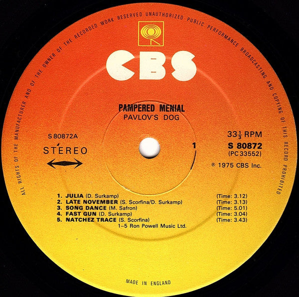 Image of Label Cover of LP - VG/VG - PAVLOV'S DOG, Pampered Menial (CBS; CBS 80872, UK 1975, Arrow Under Stereo On Label), Ring wear, small tear + water damage to sleeve corner. , - 2126260E