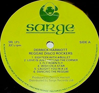 Image of Label Cover of LP - VG/VG - DERRICK HARRIOTT, Reggae Disco Rockers (Sarge; LP5, UK 1975), Slight crease top left hand corner. Sign of very light ringwear. Very few faint hairlines that don't affect play., - 4326390E