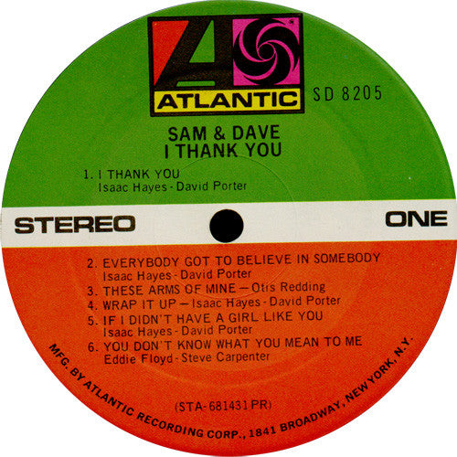 Image of Label Cover of LP - VG+/VG - SAM & DAVE, I Thank You (Atlantic Orange & Green; SD 8205, US 1968, Stereo), , - 3326074E