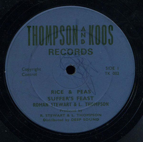 Image of Front Cover of 12" - G+/G+ - ROMAN STEWART & LINVAL THOMPSON, Rice & Peas / Suffer's Feast / Breaking Up (Thompson & Koos; TK 002, UK 1980s, Company Sleeve), Lots of marks, plays with background crackle. SWOL. Comes in a Channel One company sleeve., - 2345066S