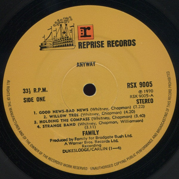 Image of Label Cover of LP - VG+/VG+ - FAMILY, Anyway (Reprise; RSX9005 , UK 1970, Outer Printed Plastic Sleeve), Only issue is some writing on the card Inner , - 3046187S