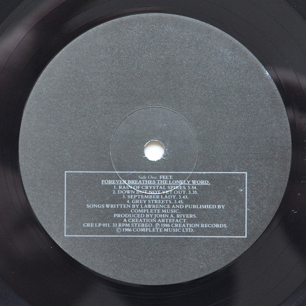 Image of Label Cover of 5025046E: LP - FELT, Forever Breathes The Lonely Word (Creation; CRELP011, UK 1986, Insert) Close to NM record - a couple of light hairlines only. Sleeve has a couple of light creases. VG+/VG+