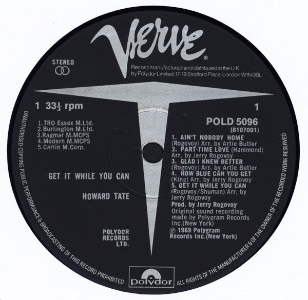 Image of Label Cover of LP - VG/VG+ - HOWARD TATE, Get It While You Can (Verve; POLD 5096, UK 1983 Reissue), Clean, glossy vinyl., - 1716415C
