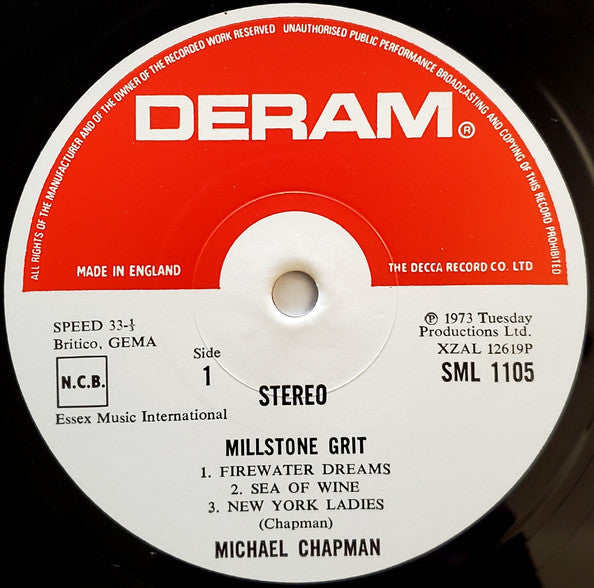 Image of Label Cover of LP - VG/VG - MICHAEL CHAPMAN, Millstone Grit (Deram; SML 1105, UK 1973), Strong VG Throughout, - 1726523E