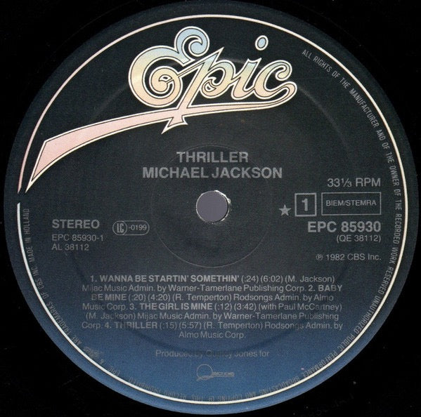 Image of Label Cover of LP - G+/VG - MICHAEL JACKSON, Thriller (Epic Dark Blue and Yellow; EPC 85930, Europe 1982, Gatefold, Inner), Small Tear On Back Sleeve, vinyl has light marks only., - 4146120S