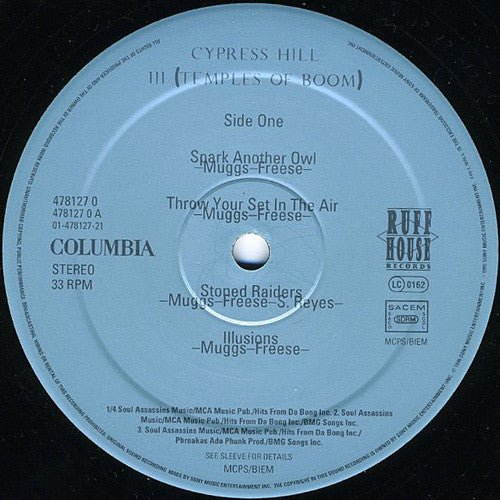 Image of Label Cover of 3xLP - G+/G+ - CYPRESS HILL, III - Temples Of Boom (Columbia; 478127 0, Europe 1995, Triple Gatefold, Inners, Limited edition including disc 3, etched one side and DJ Muggs' Buddha Mix on the other.), Discs all have scuffs and marks, but actual scratches are only hairlines, sounds VG. Sleeve and inners have general wear and creasing, sticker marks, and pen on centre labels., - 3726251E