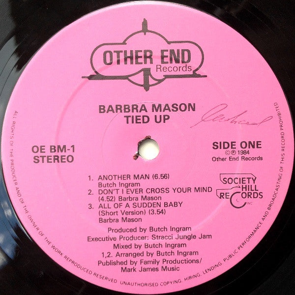 Image of Label Cover of LP - VG/VG - BARBRA MASON, Tied Up (Other End; OEBM1, UK 1984), one stuff side two otherwise vinyl in great shape. opened shrink w/ hyper sticker - peeling and discoloured, - 3646365S