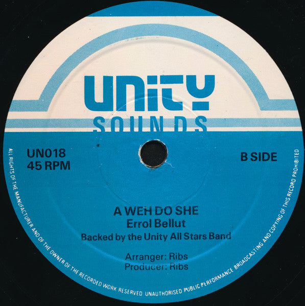 Image of Back Cover of 12" - /VG - KENNY KNOTS / ERROL BELLUT, Watch How The People Dancing / A Weh Do She (Unity; UN018, UK 1980s), Lots of light hairlines, plays strong VG or better., - 2516345C