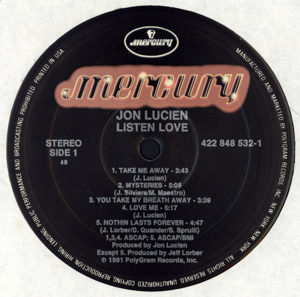 Image of Label Cover of LP - VG/G+ - JON LUCIEN, Listen Love (Mercury; 848 532-1, US 1991), Light Marks only., - 2815221C
