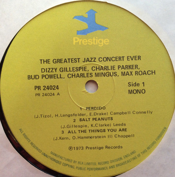 Image of Label Cover of 2xLP - VG+/VG - CHARLIE PARKER, DIZZY GILLESPIE, BUD POWELL, CHARLES MINGUS, MAX ROACH, The Greatest Jazz Concert Ever (Prestige; PR 24024, UK 1973, Gatefold, Mono), Some superficial storage marks to discs., - 3716159C