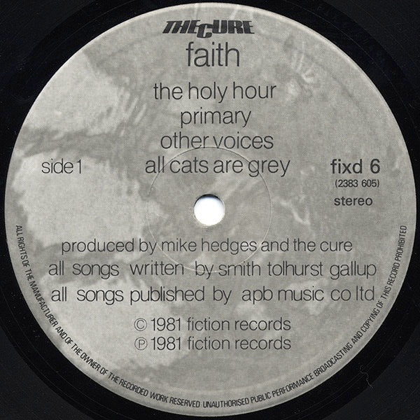 Image of Label Cover of LP - VG+/VG - THE CURE, Faith (Fiction Records; fixd 6, UK 1981, Inner, Black Text On A Side Label, (2383 605) Under Cat No.), Strong VG, - 3626298E