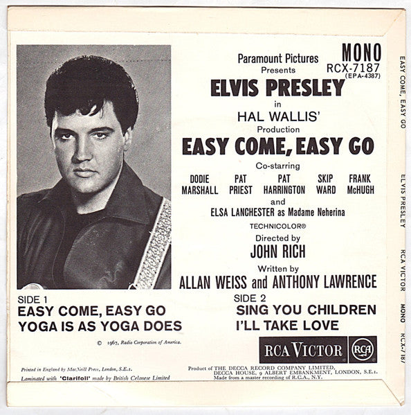 Image of Back Cover of 7" EP - VG+/VG+ - ELVIS PRESLEY, Easy Come, Easy Go (RCA Victor Silver Spot; RCX-7187, UK 1967, Laminated Flipback Sleeve, Mono), Faint Writing On Rear Sleeve, - 4126093E