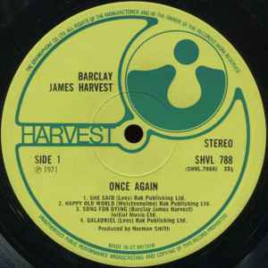 Image of Label Cover of 0915004C: LP - BARCLAY JAMES HARVEST, Once Again (Harvest Green, Gramophone Co On Rim, No EMI Box, ; SHVL788, UK 1971, Gatefold, Stereo) Hairlines only, Strong G+, Sleeve has a little laminate bubbling VG/G+