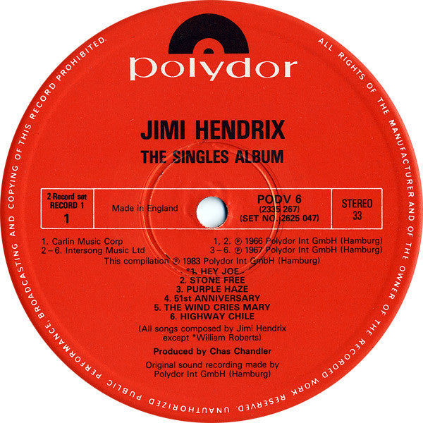 Image of Label Cover of 2xLP - VG/G - JIMI HENDRIX, Singles Album (Polydor Red Label; PODV 6, UK 1983, Gatefold), , - 3626019E