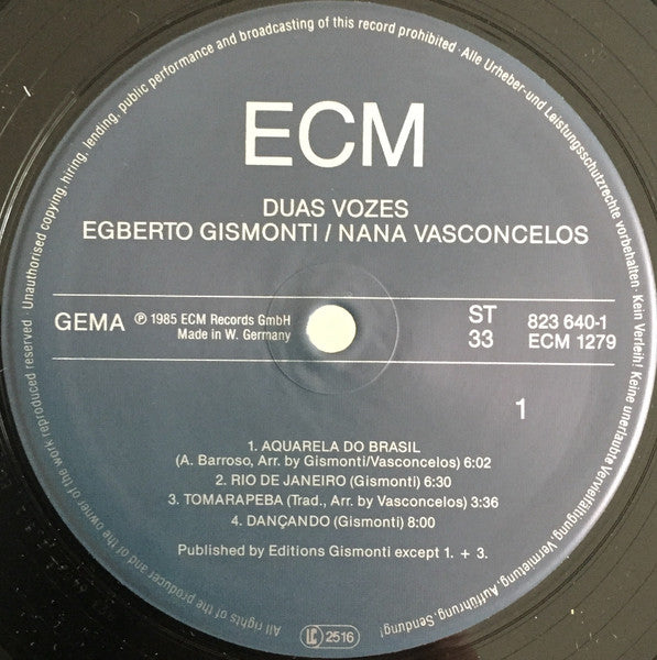Image of Label Cover of LP - VG+/VG - EGBERTO GISMONTI / NANA VASCONCELOS, Duas Vozes (ECM; ECM 1279, Germany 1985), Strong VG to disc., - 2516493C
