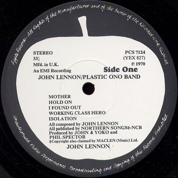 Image of Label Cover of LP - VG/VG - JOHN LENNON / PLASTIC ONO BAND, John Lennon / Plastic Ono Band (Apple; PCS 7124, UK 1970, Laminated Sleeve, Inner, YEX827-1U/YEX828-1U Matrices), , - 2626293E