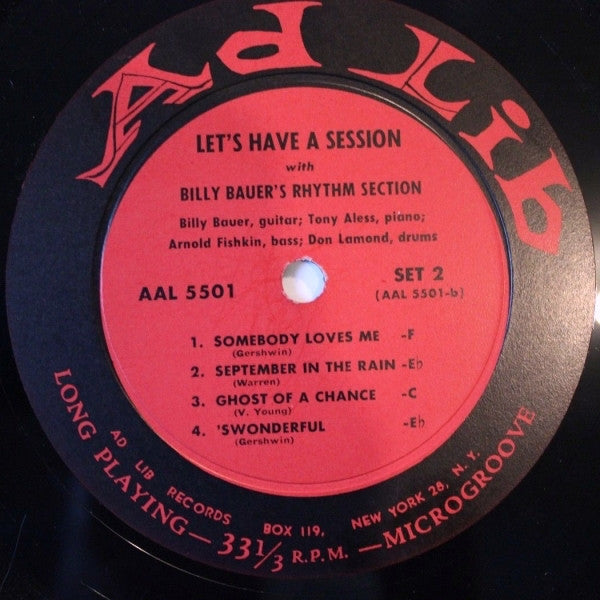 Image of Label Cover of 1224205E: 10" LP - BILLY BAUER'S RHYTHM SECTION, Let's Have A Session (Ad Lib; AAL 5501, US 1955, Pasteback Sleeve, Mono) Vinyl covered in marks/hairlines. Cover has heavy wear and repaired splits all around edges. G/G