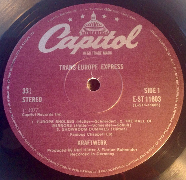 Image of Label Cover of LP - VG/VG - KRAFTWERK, Trans Europe Express (Capitol Purple; E-ST 11603, UK 1977 Reissue, Inner With Curved Corners), hairlines, edge wear, with hype sticker, - 3446067S