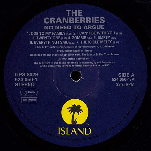 Image of Label Cover of LP - VG+/VG - THE CRANBERRIES, No Need To Argue (Island; ILPS 8029, UK 1994, Gatefold, Inner), , - 3626292E