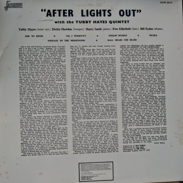 Image of Back Cover of LP - VG/EX - TUBBY HAYES QUINTET, After Lights Out (Jasmine; JASM2015, UK 1980s Reissue), Damage To Sleeve Opening, Writing On Rear Sleeve, - 1526409E