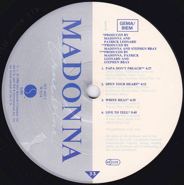 Image of Label Cover of LP - VG+/VG - MADONNA, True Blue (Sire GEMA/BIEM Rights Box; 925 442-1, Europe 1986, Inner), , - 3526087E