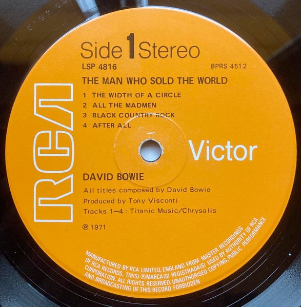Image of Label Cover of LP - G+/VG - DAVID BOWIE, The Man Who Sold the World (RCA Victor Orange; LSP-4816, UK 1972 Reissue, Inner, No Poster, Not Dynaflex, Titanic Music Publishing), Sleeve Creased With Pinholes In The Corners, Sticker Advertising Poster But No Poster, - 3926210E
