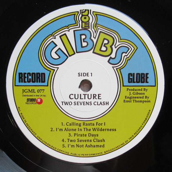 Image of Label Cover of LP - NEW/NEW - CULTURE, Two Sevens Clash (Joe Gibbs Record Globe; JGMLP 077, UK Reissue), , One of the masterpieces of the roots era, no album better defines its time and place than Two Sevens Clash, which encompasses both the religious fervor of its day and the rich sounds of contemporary Jamaica. Avowed Rastafarians, Culture had formed in 1976, and cut two singles before beginning work on their debut album with producers the Mighty Two (aka Joe Gibbs and Errol Thompson). A Classic.