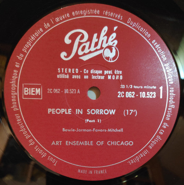 Image of Label Cover of LP - VG/G+ - ART ENSEMBLE OF CHICAGO, People In Sorrow (EMI Pathe; C06210523, France 1969, Stereo), Marks on either side of disc causing static throughout. Plays without skipping or pops. Sleeve is stained slightly. Former shop sticker on front as well, - 3546189S