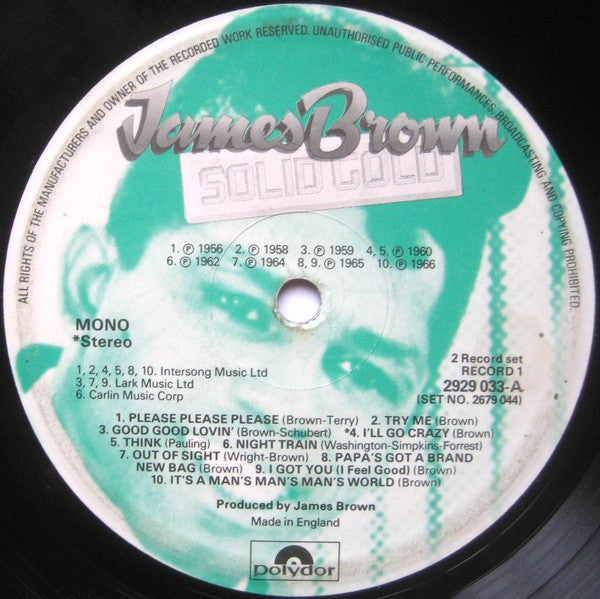 Image of Label Cover of 2xLP - VG/VG+ - JAMES BROWN, Solid Gold - 30 Golden Hits (Polydor; 2679 044, UK 1977, Gatefold, Mono & Stereo), Sticker damage to sleeve., - 2316291C