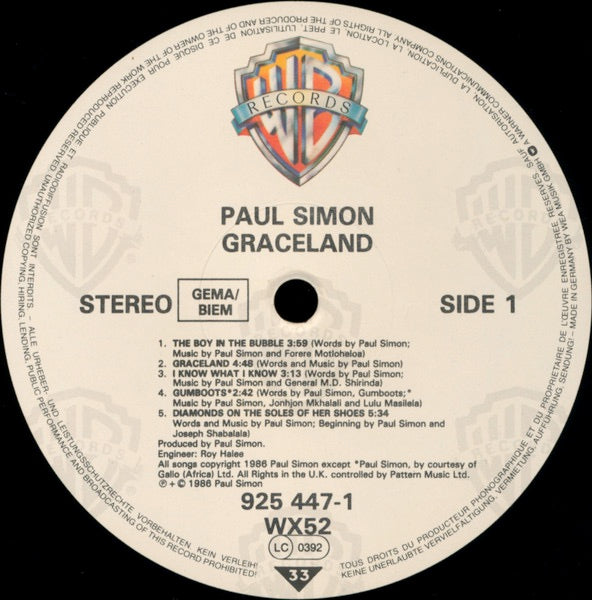 Image of Label Cover of 3945029S: LP - PAUL SIMON, Graceland (Warner Bros. Records; 925 447-1, Europe 1986, Embossed Sleeve, Inner, WX52 At Bottom Of Labels) Edge Wear VG/VG+