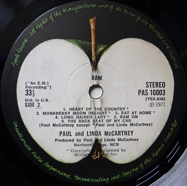 Image of Label Cover of LP - VG/G - PAUL AND LINDA MCCARTNEY, Ram (Apple; PAS 10003, UK 1971, Outside Laminated Gatefold, Label credits Northern Songs, 33 1/3 Left Aligned), , - 4316780C