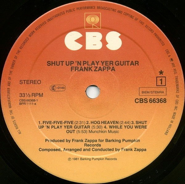 Image of Label Cover of 4425335E: 3xLP - FRANK ZAPPA, Shut Up 'n Play Yer Guitar (Barking Pumpkin; 66368, Europe 1981, Box Set, Inners) VG+/VG